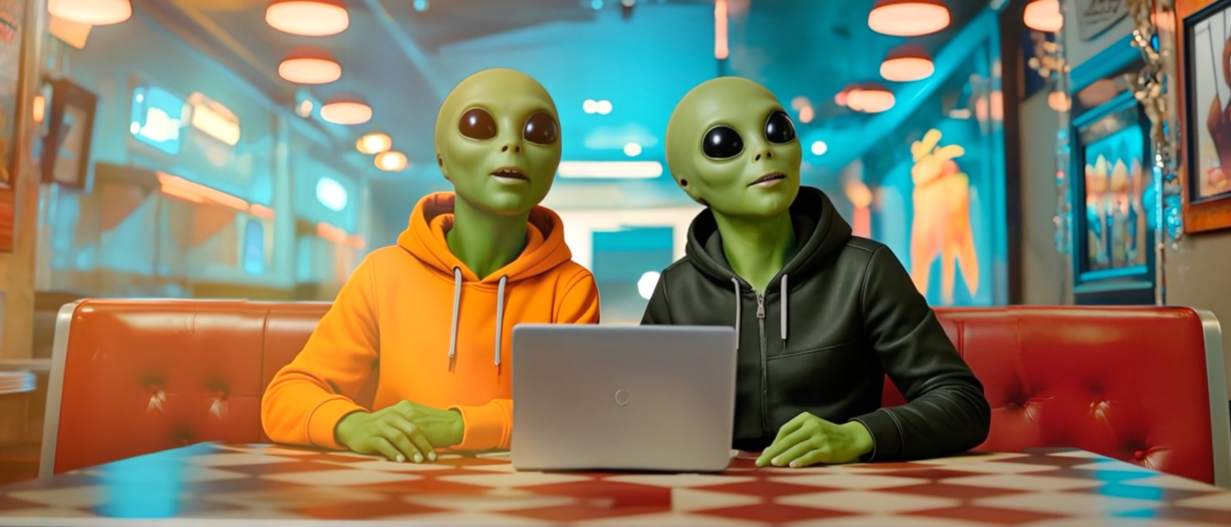 Aliens in a Cafe: two aliens in hoodies at a laptop in a retro diner